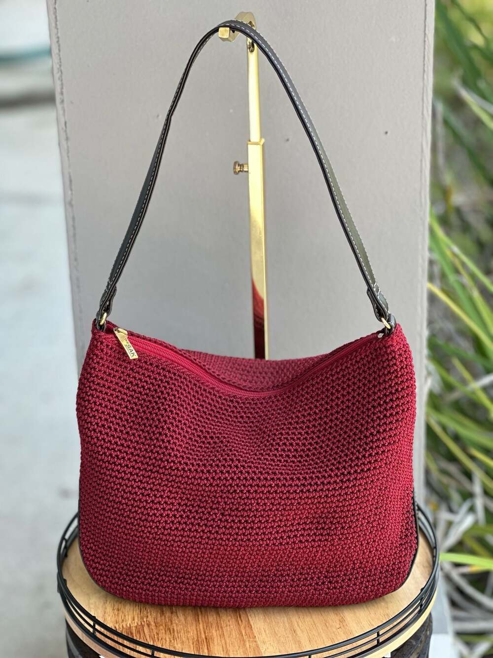 The Sak Red Woven Crochet Shoulder Bag Purse Leather Strap